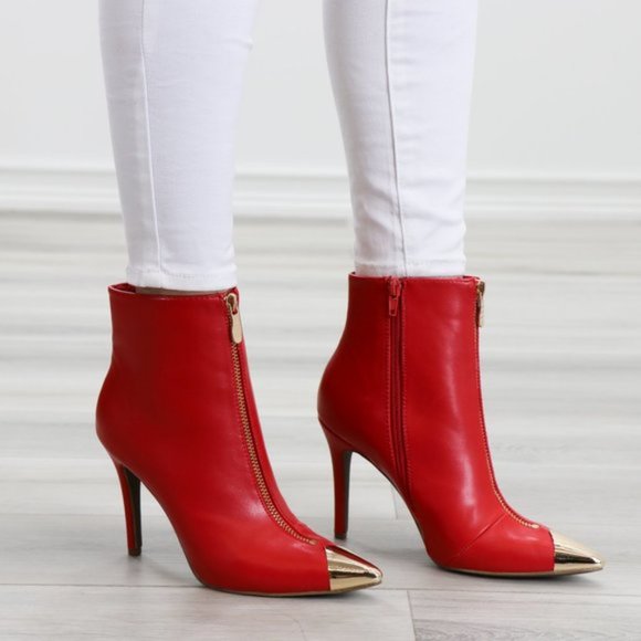Ankle Red Boots Faux Leather Gold Pointy Toe - Picture 5 of 14